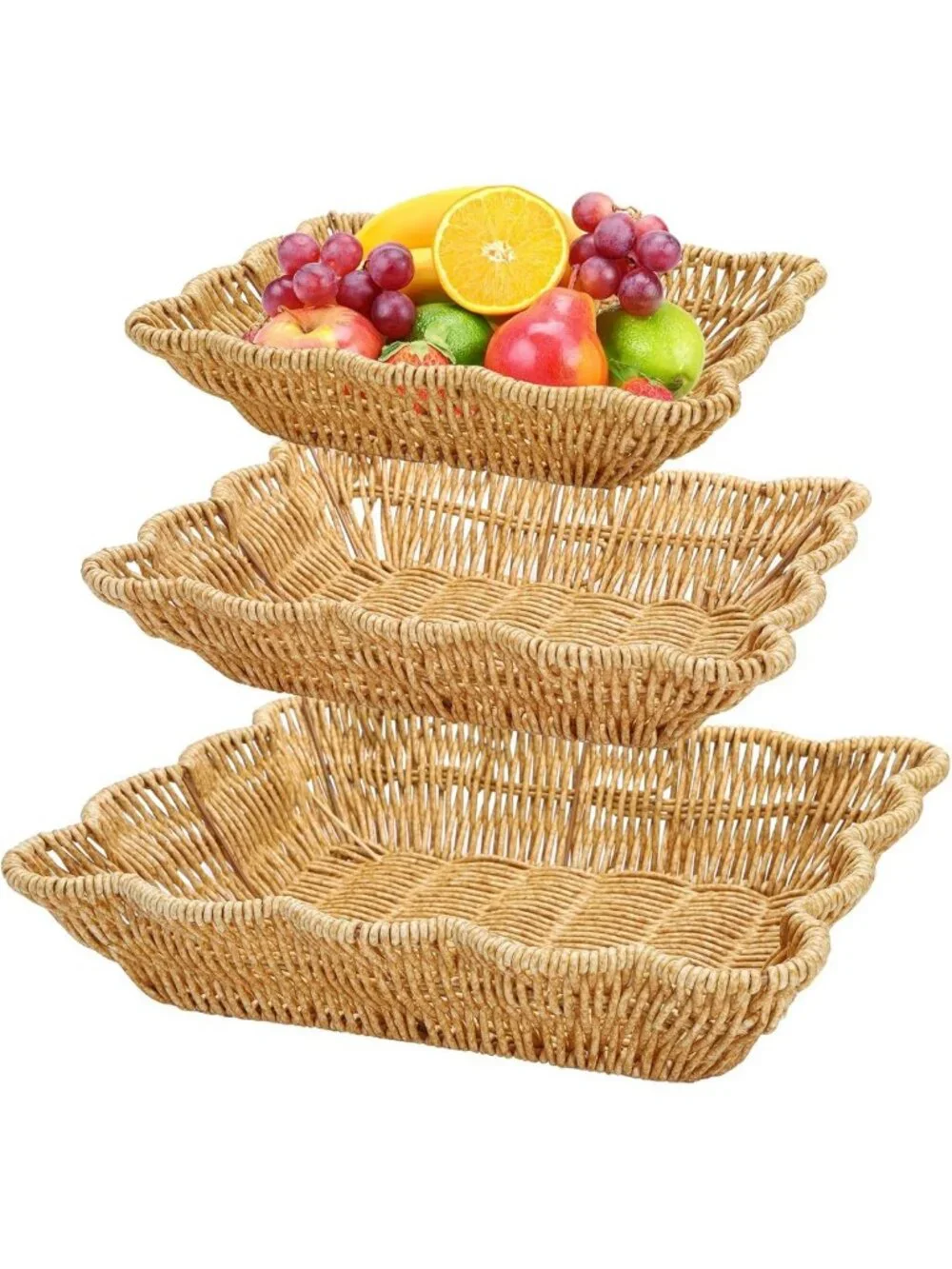 3 Pack Rectangular Woven Serving Baskets - Poly Wicker Fruit & Snack Trays